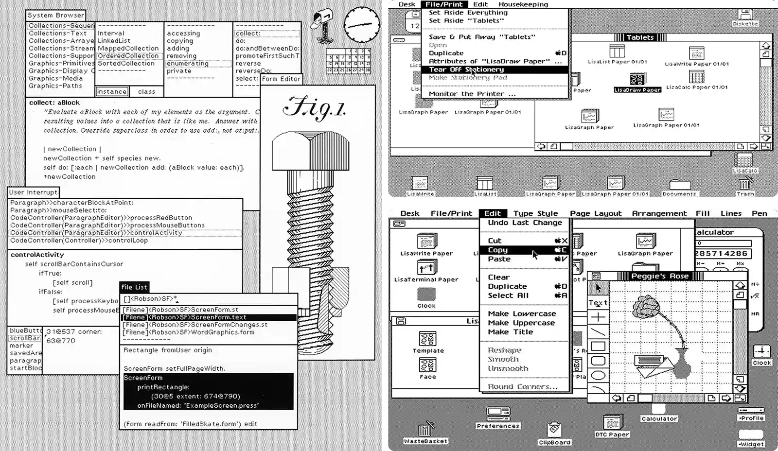 משמאל: סביבת Smalltalk של Xerox PARC. מימין: Apple Lisa, עם התפריט Tear Off Stationery ועם האייקונים LisaWrite Paper
