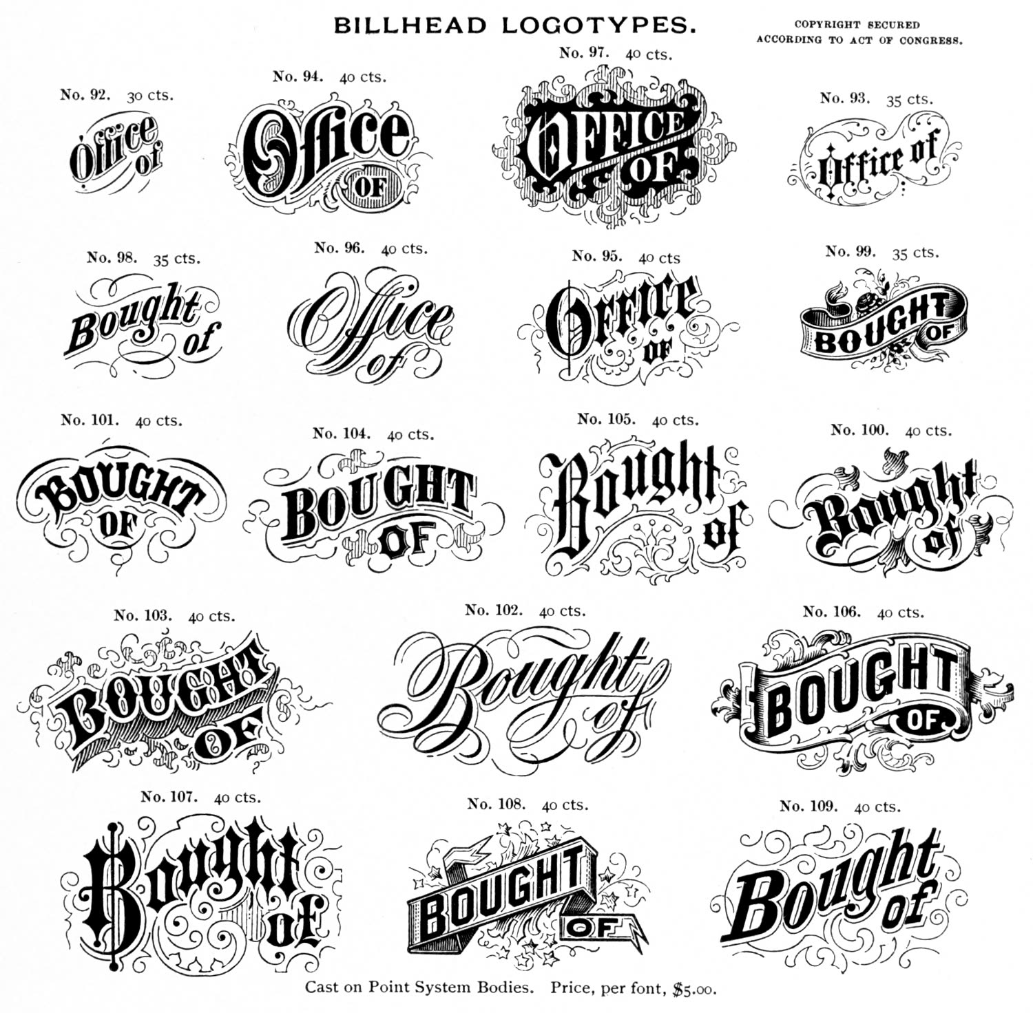עמוד מקטלוג של בית יציקה שכותרתו Billhead Logotypes: שמונה-עשר עיטורים של המילים Bought of ו-Office of, כל אחד עם מספר ומחיר